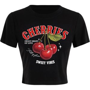 FOXA Women's <b>Cherry</b> Print T-Shirt Short Sleeve Crew Neck Summer <b>Top</b> Streetwear - Product Image 1
