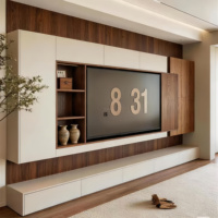 Op maat gemaakte Franse wandmeubel van massief hout met LED-verlichting, glazen laden, moderne, eigentijdse, minimalistische luxe tv-kast voor de woonkamer