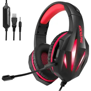 LED游戏耳机，带立体声低音麦克风和音量控制游戏耳机，适用于PS4/Xbox/开关/PC/笔记本电脑/平板电脑红色