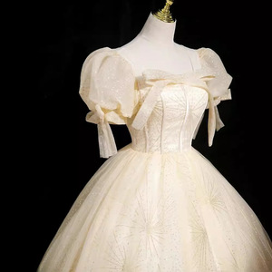 Champagne Off The Shoulder A Line Organza Evening Gown Empire Waist Vintage Style Dress - Product Image 3