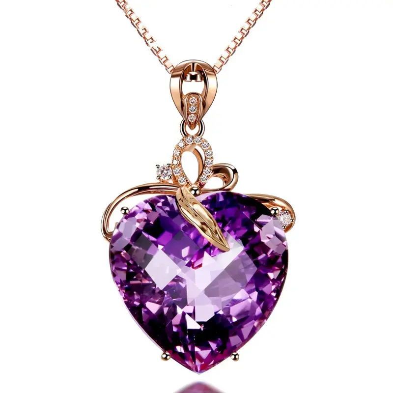 Drop shipping 14K couleur or rose collier pendentif coeur violet femme chaîne de pierres précieuses bijoux clavicule calcédoine péridot