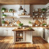Collection de cuisines modulaires de luxe au design antique : unités de cuisson en bois, appareils électroménagers, îlots de cuisine pour appartements et hôpitaux