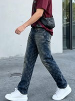Nouveau Jean en Denim à Carreaux Damier pour Homme 2026 – Coupe Droite, Style Streetwear Hip Hop Vintage Délavé