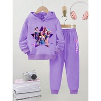 Conjunto Deportivo de 2 Piezas para Niñas, Sudadera con Capucha y Pantalones, Diseño Moderno de Anime K-Pop, Estampado de Ídolos de Dibujos Animados, Color Morado