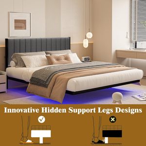 <span class=keywords><strong>Lit</strong></span> flottant avec tête <span class=keywords><strong>de</strong></span> <span class=keywords><strong>lit</strong></span> rembourrée et éclairage LED intégré, sommier à lattes en acier écologique avec rangement – Vente en gros directe usine - Product Image 5