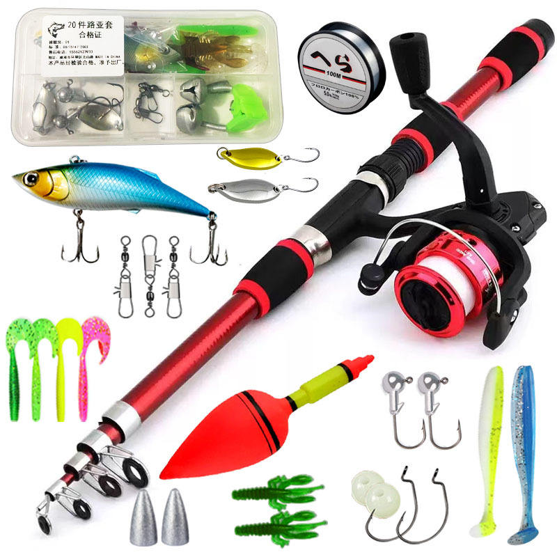 rouge 18m+200 moulinet+sac+20 accessoires+poisson+flotteur gros ventre+cloche