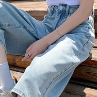 Pantalon Capri en Jean Tissé pour Femme, Style Simple Vintage Américain, Taille Haute, Coupe Ample à Jambes Larges, Décontracté, Été, Écologique, Lavé, Lavable
