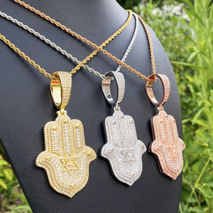 Collana Hip Hop con Ciondolo Mano di Hamsa in Ottone e Zirconia Cubica, Stella di <span class=keywords><strong>David</strong></span> Completamente Tempestata di Brillanti, Placcata Oro, Gioiello Unisex per Feste - Product Image 3