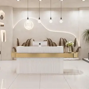 Modern white reception counter front desk office building gold stainless steel LOGO reception desk