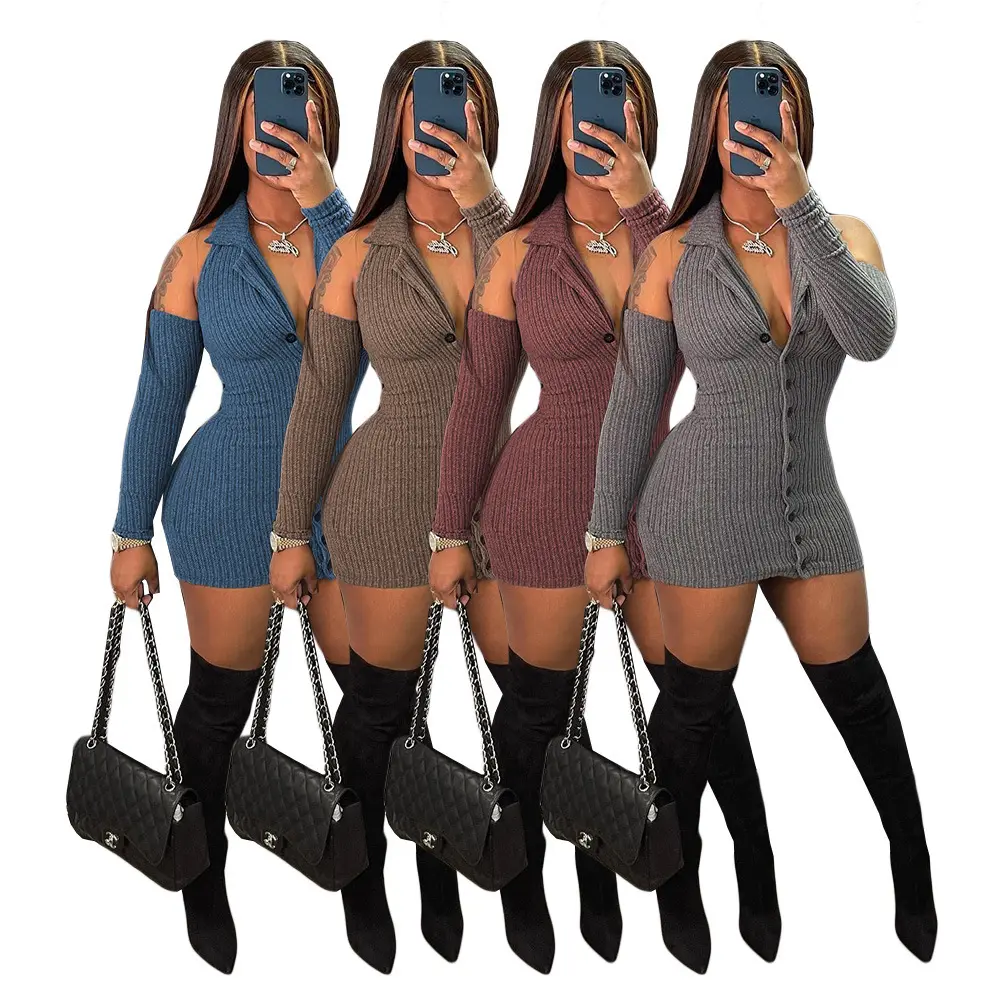 Xs Knitted Women Dress Long Sleeve Solid Bodycon Dress Hollow Out V-Neck Dress Autumn & Winter Boutique Women'S Clothing