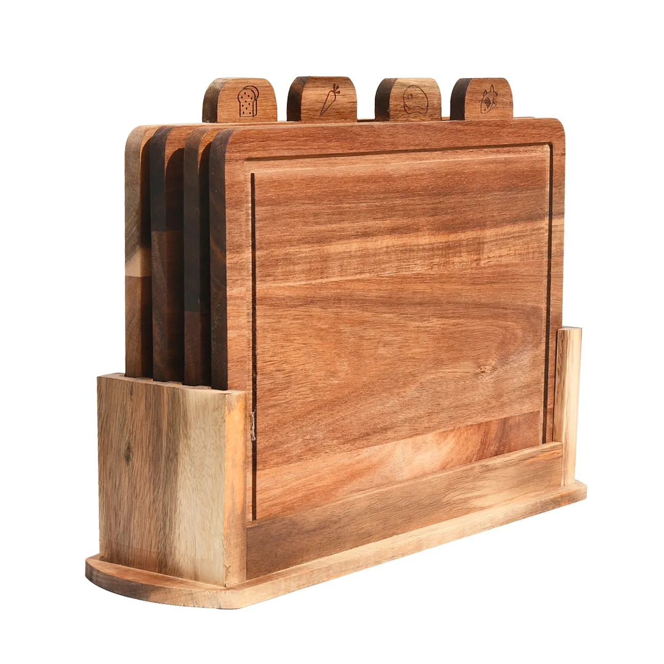 Sturdy Organic Acacia Wood Index Cutting Board Set With Storage Base Holder For Bread, Meat, Vegetables, Fish