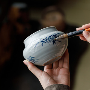 Hand Painted Blue Bamboo <b>Tea</b> Dregs Jar Ceramic Water Bowl For <b>Tea</b> <b>Set</b> Dehua Porcelain 120ml - Product Image 3