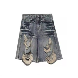 Novedades: Shorts de mezclilla unisex de estilo retro, lavados, desgastados, de pierna recta, holgados, casuales y de cintura alta con rotos para hombre. - Product Image 2