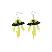 Boucles d'oreilles Halloween OVNI en acrylique, design extraterrestre, pompons scintillants, accessoires d'oreille uniques, amusants et mignons, style européen-américain, modèle femme