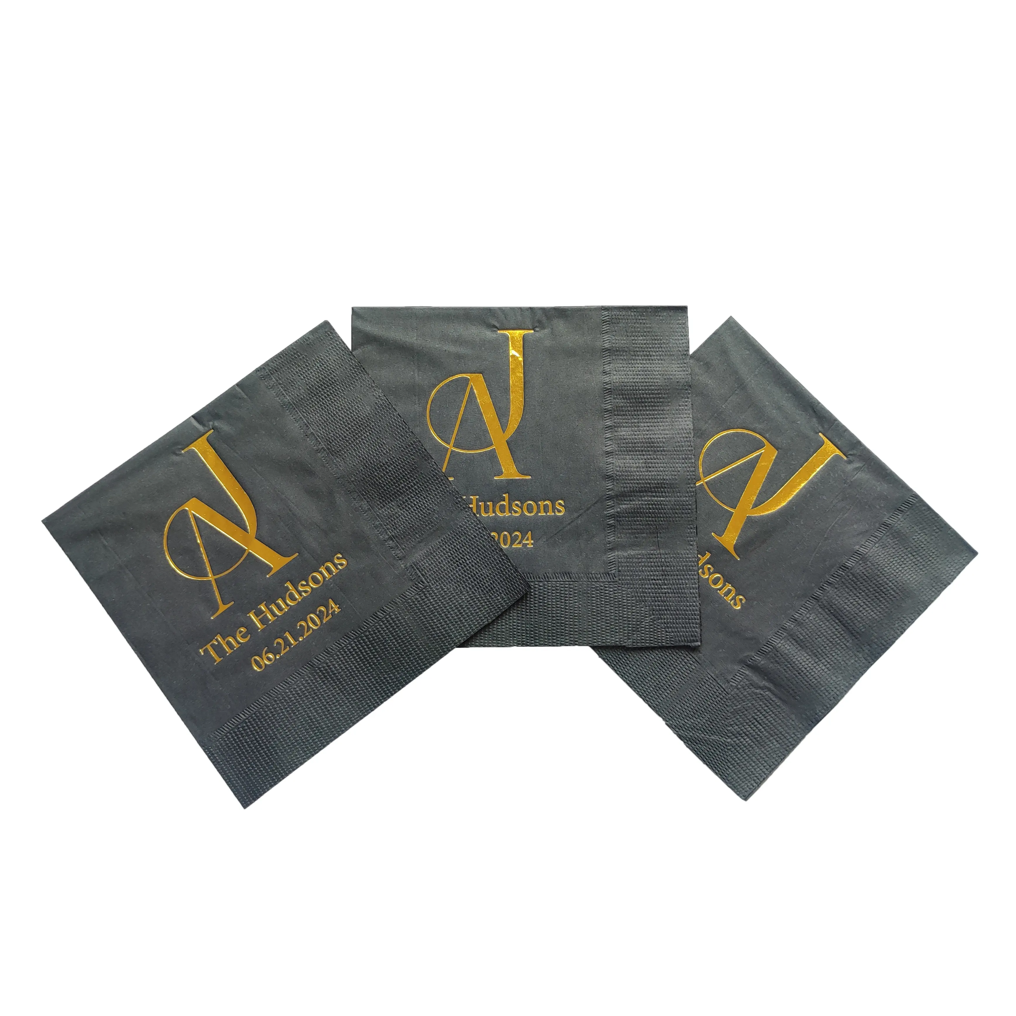 China Manufacture 3 Ply Wood Pulp Linen Black Cocktail Napkin Paper 1-3 Color Logo Printed Color on sale