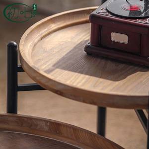 The Seventh Day Vintage Round Coffee <b>Table</b> <b>Wood</b> <b>Top</b> Iron Frame Combination Living Room Side <b>Table</b> - Product Image 4