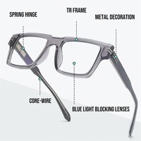 Lunettes optiques de prescription avec monture TR pleine monture à motif carré audacieux, charnière à ressort en fil métallique, verres PC anti-lumière bleue, OEM ODM