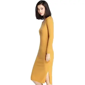 Simple design fashion casual style slim fit v neck long sleeves solid knitted cashmere dress sweater for women
