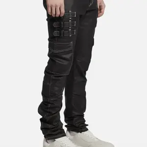 2024 Fashion coin pocket branded zipper cargo stacked skinny denim Jeans solid color stretch for men pants