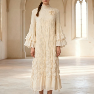 Vestido Elegante <span class=keywords><strong>de</strong></span> Alta Calidad <span class=keywords><strong>para</strong></span> Mujer, Color Crema Sólido, Estilo Modesto con Mangas con Volantes <span class=keywords><strong>para</strong></span> Primavera y Otoño, <span class=keywords><strong>Vestidos</strong></span> Plisados - Product Image 1