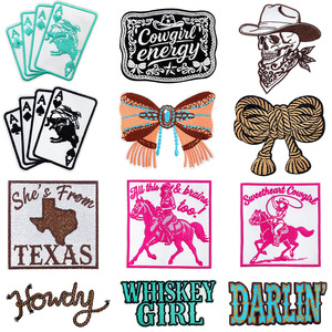 Parches Bordados Termoadhesivos Estilo Vaquero del Oeste: Texas, Rodeo, Calavera de Caballo, Ases, Tarjeta, Whiskey, Girl, <span class=keywords><strong>Darlin</strong></span>, Howdy para Ropa - Product Image 1