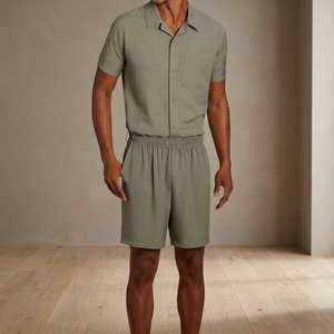 Men's Solid Casual Breathable Short Sleeve <b>Shirt</b> and Shorts Set <b>Summer</b> Knitted Cotton <b>Linen</b> Clothing - Product Image 2