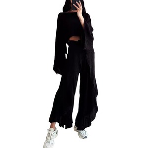Ensemble deux pièces ample pour femme, pantalon court, manches raglan, costume décontracté, couleur blanc cassé, noir, café, tailles S M L XL, polyester - Product Image 5