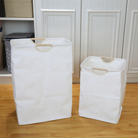 Panier à linge minimaliste en tissu blanc avec poignées en bambou, panier de rangement pliable pour vêtements pour la salle de bain
