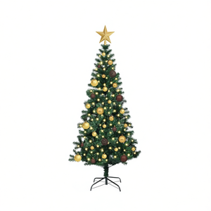 Árbol de Navidad Artificial Preiluminado de 59.06 Pulgadas en Verde, Construcción de PVC y Metal, con Luces LED Blancas Cálidas, Árbol de Interior con Adornos - Product Image 1