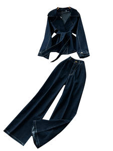 Costume décontracté femmes 2025 automne Style décontracté à la mode col ajusté à manches longues Denim veste taille haute pantalon - Product Image 6