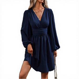 Robe longue à manches longues et col en V, élégante et sexy, respirante, taille naturelle, coupe ample, longueur genou, unie, en polyester, pour femme, automne - Product Image 4
