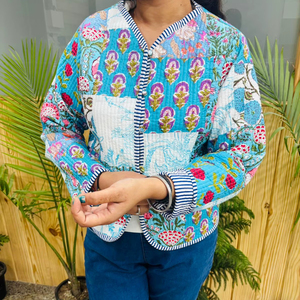 Veste matelassée pour femme 100% coton, style bohème imprimé à la main, veste matelassée faite à la main, fermeture à boutons, vente en gros - Product Image 1