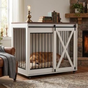 Jaula para perros estilo rústico americano con tubos verticales reforzados para evitar que los masticen; caseta multifuncional para perros para la sala de estar con - Product Image 1
