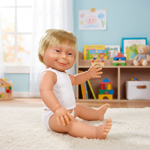 Poupée garçon blanc BABYLIN atteint de la syndrome de Down, cheveux blonds et couche pour la formation à la sensibilité et à la sensibilisation - Product Image 3