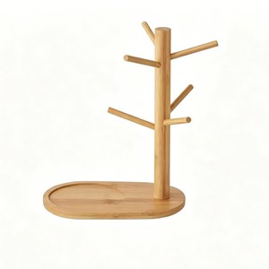 Bamboo Cup Holder With <b>Tray</b> Oval Desktop Hanging Drainer For Mug Water Bottle <b>Storage</b> Rack - Product Image 5