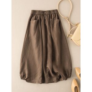 Women's A-line <b>Skirt</b> High Waist <b>Elastic</b> Waist Loose Fit With Pockets Flax Fabric Daily Wear Army Green - Product Image 2