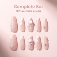 Faux ongles à presser style français en gros pour doigts, en ABS, avec fleurs incrustées et motifs peints par pulvérisation, pour mariage