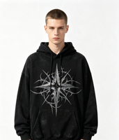 Sweat à capuche noir délavé à l'acide avec motif flamme en strass et capuche cloutée, ourlet vieilli, style streetwear, fabrication OEM