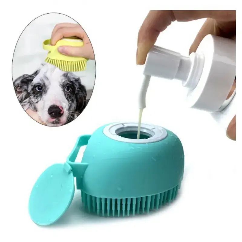 Muestra gratis baño gato perro 2 en 1 Cepillo de baño para mascotas cepillo de masaje silicona suave accesorios de aseo para mascotas para ducha de perros