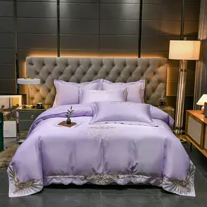 100%washed silk purple girl comforter cover king queen size flower blue embroidery pillow cover bedding set supplier