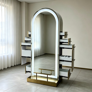 Miroir de salon de coiffure double face de luxe moderne en acier inoxydable durable avec tiroirs et multiples rangements, écologique - Product Image 1