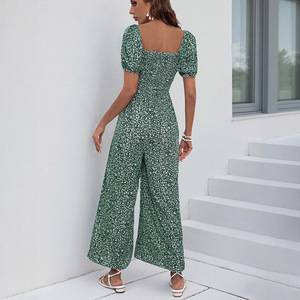 <span class=keywords><strong>Mono</strong></span> <span class=keywords><strong>fruncido</strong></span> elástico Cuello cuadrado Manga de burbuja Pierna ancha Monos estampados para mujer - Product Image 2