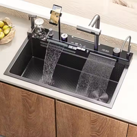 Évier de cuisine moderne simple en acier inoxydable Fregadero Affichage numérique Stockage de la vaisselle Rondelle de tasses Cascade Caractéristiques intelligentes