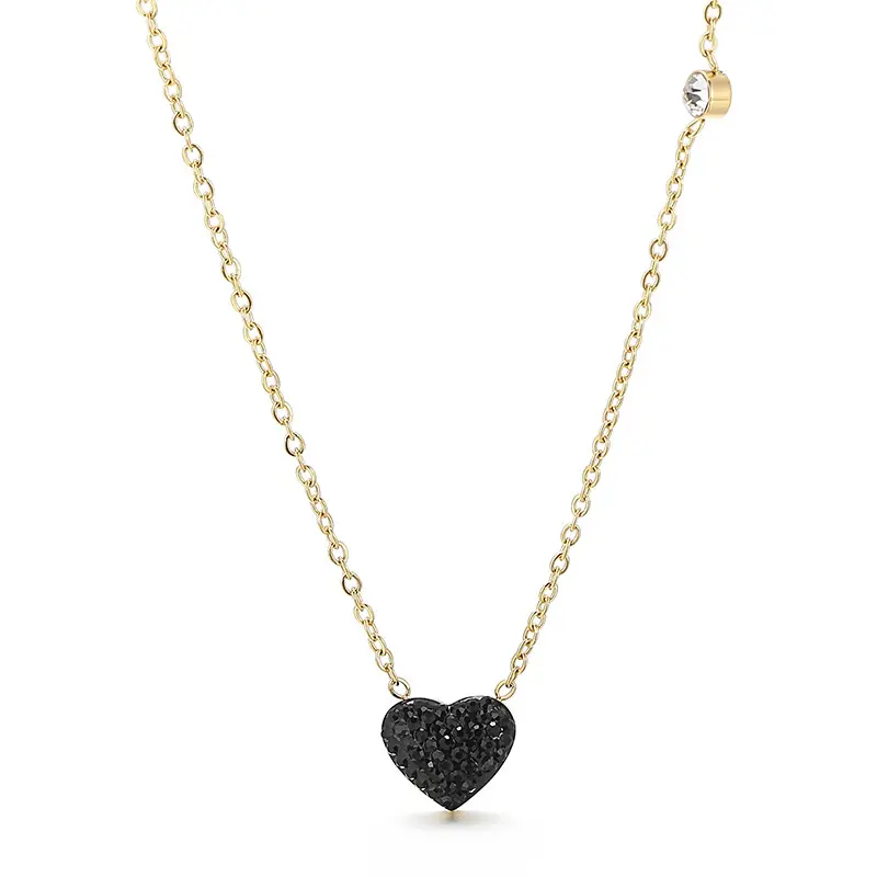 Fashion Jewelry Necklaces 18k Gold Plated Dainty Stainless Steel Charm Black Heart Rhinestone Pendant Stone Necklaces