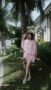 Ensemble Voile Rose Bochum Off-Sholle + Short Style Doux 100% Polyester Chiffon Vêtement Quotidien Ensemble Short 2 Pièces Vente en Gros - Product Image 5