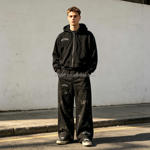 Ensemble de sweat-shirts à capuche pour homme, imprimé, en molleton français, style streetwear, vêtements d'automne, noir avec motif blanc - Product Image 1
