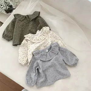 Kinder Vintage Blumen Rüschen Kragen Tops Pullover Loose Puff Ärmel T-Shirt Baby Mädchen Vielseitige Baumwolle Süße weiche Kleidung