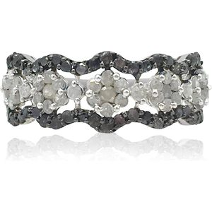 Anillo de onda con diseño floral de diamantes blancos y negros naturales, banda de diamantes de corte redondo para mujer, joyería de boda Pt950 - Product Image 1