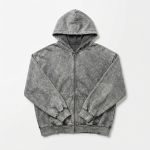 เสื้อฮู้ดดี้วินเทจยี่ห้อ Wuyi แบบซิปเต็มตัว ผ้าเฟรนช์เทอร์รี่หนา 450 กรัม สไตล์สตรีทแวร์แบบดิสเทรส ทรงโอเวอร์ไซส์ - Product Image 2