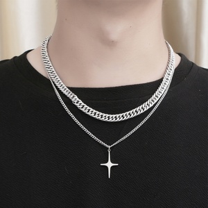 Collar Personalizado de Acero Inoxidable con Colgante de Cruz de Doble Capa, Cadena Cubana, Collar para Hombre, Joyería de Acero Inoxidable al por Mayor - Product Image 1